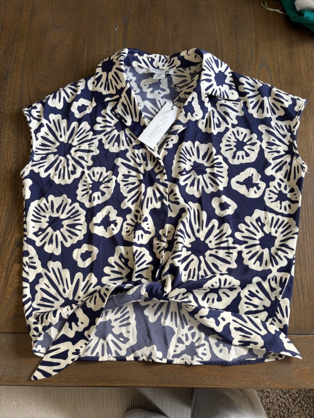 NWT Small RACHEL ZOE Navy & Cream Floral Tie-Front Blouse